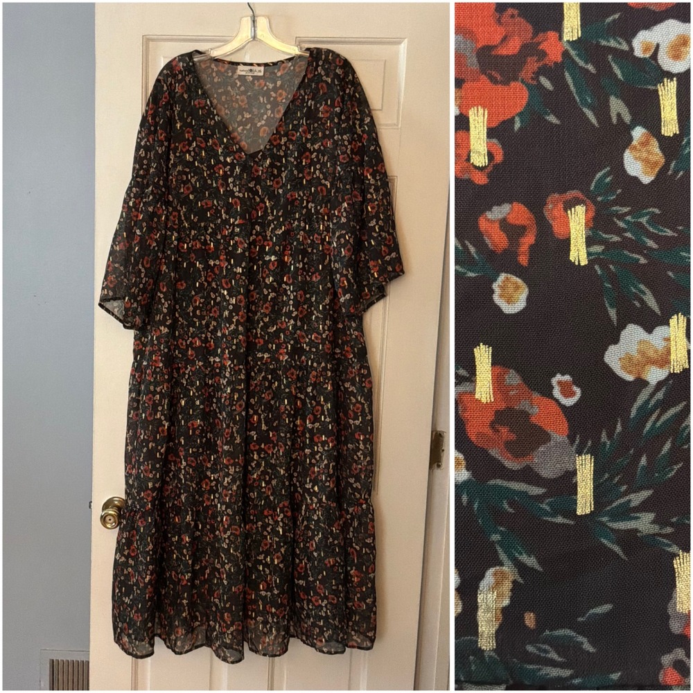 Natural Life Floral Metallic Tiered Midi Dress Brown Boho Cottagecore XL Prairie